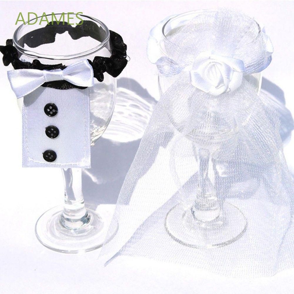 Bộ 2 phụ kiện đánh dấu ly rượu vang hình mạng che mặt cô dâu + áo tux nhiều màu trang trí đám cưới
