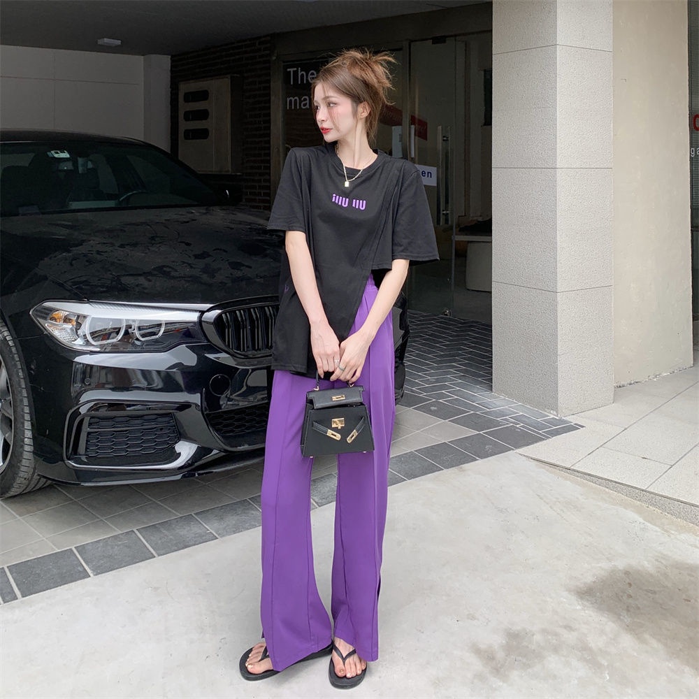 COZOK Set Áo Thun Tay Ngắn Phối Quần Dài Xẻ Tà Phong Cách Hàn Quốc Năng Động Cho Nữ