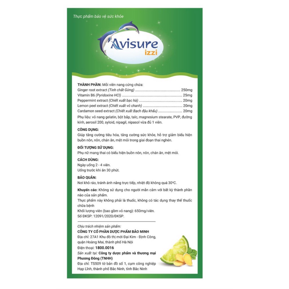 [Chính hãng] AVISURE IZZI – Hỗ trợ giảm tình trạng ốm nghén ở phụ nữ mang thai, giảm buồn nôn, nôn, chán ăn (20 viên)
