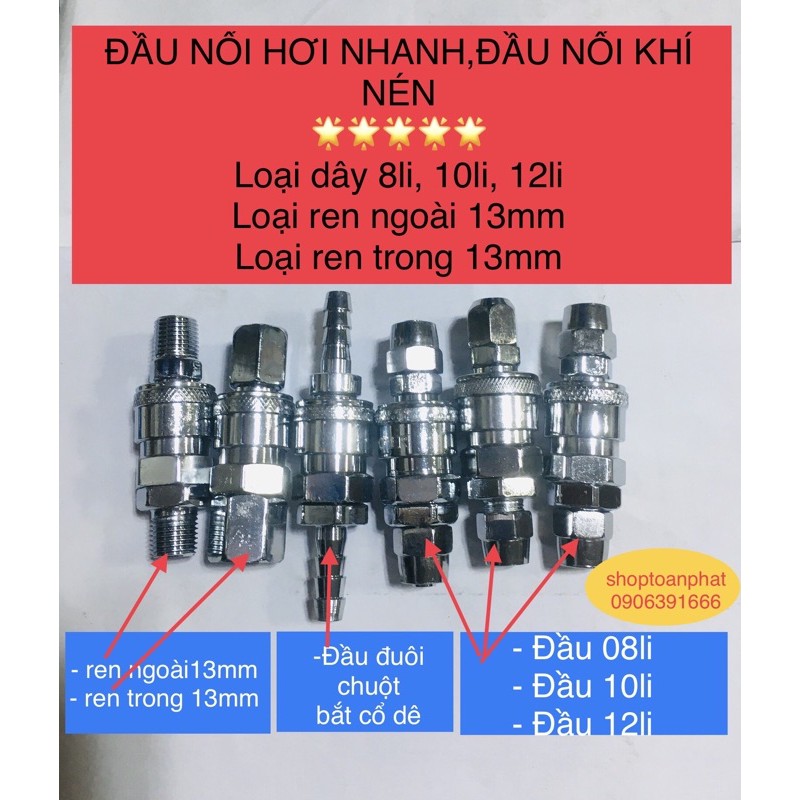 đầu nối nhanh dây hơi | cút nối nhanh nén khí 8li, 10li, 12li...