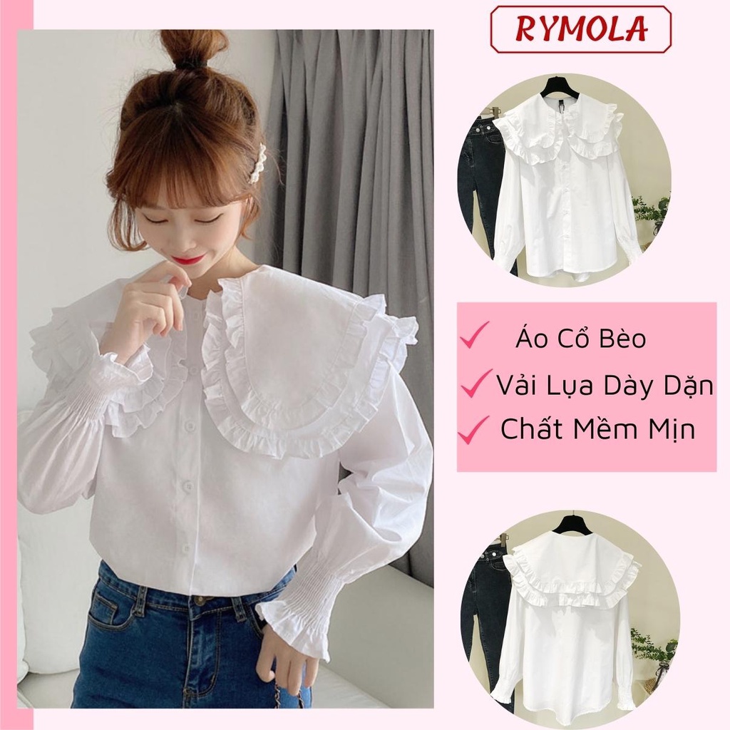 Áo Sơ Mi Trắng Nữ Cổ Bèo MOLA Tay Phồng Tiểu Thư Tay Bo Chun Phong Cách Hàn Quốc Vintage A5