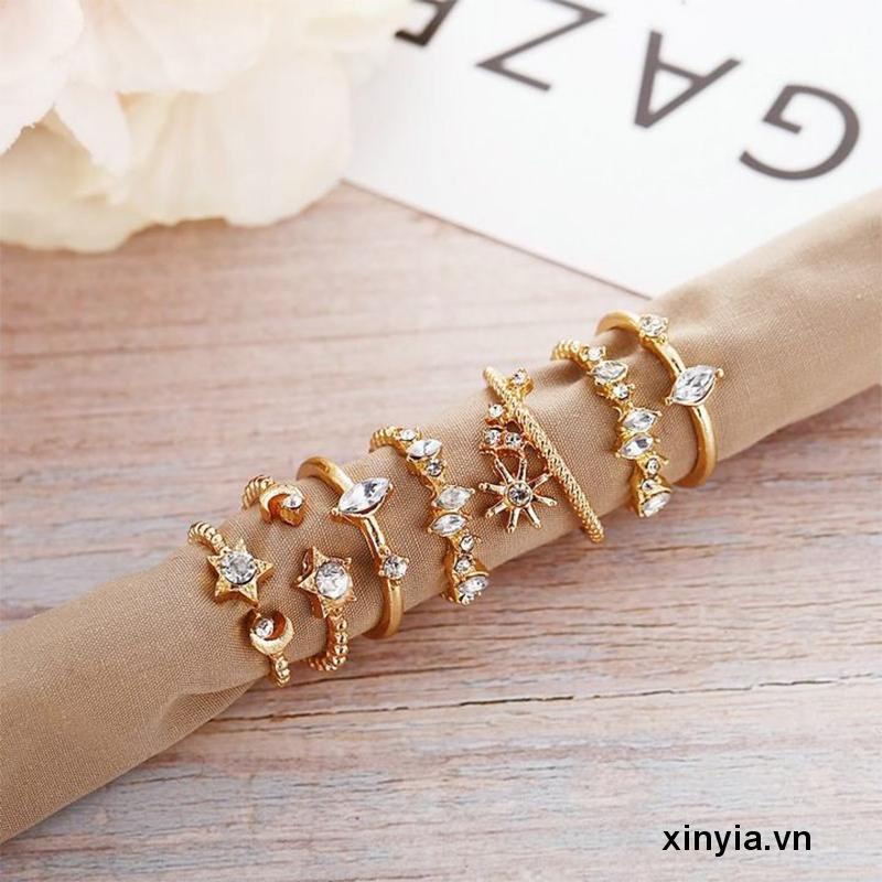 Bộ Nhẫn Đính Kim Cương &amp; Ngọc Trai Hình Ngôi Sao &amp; Mặt Trăng Cổ Điển Cho Nữ