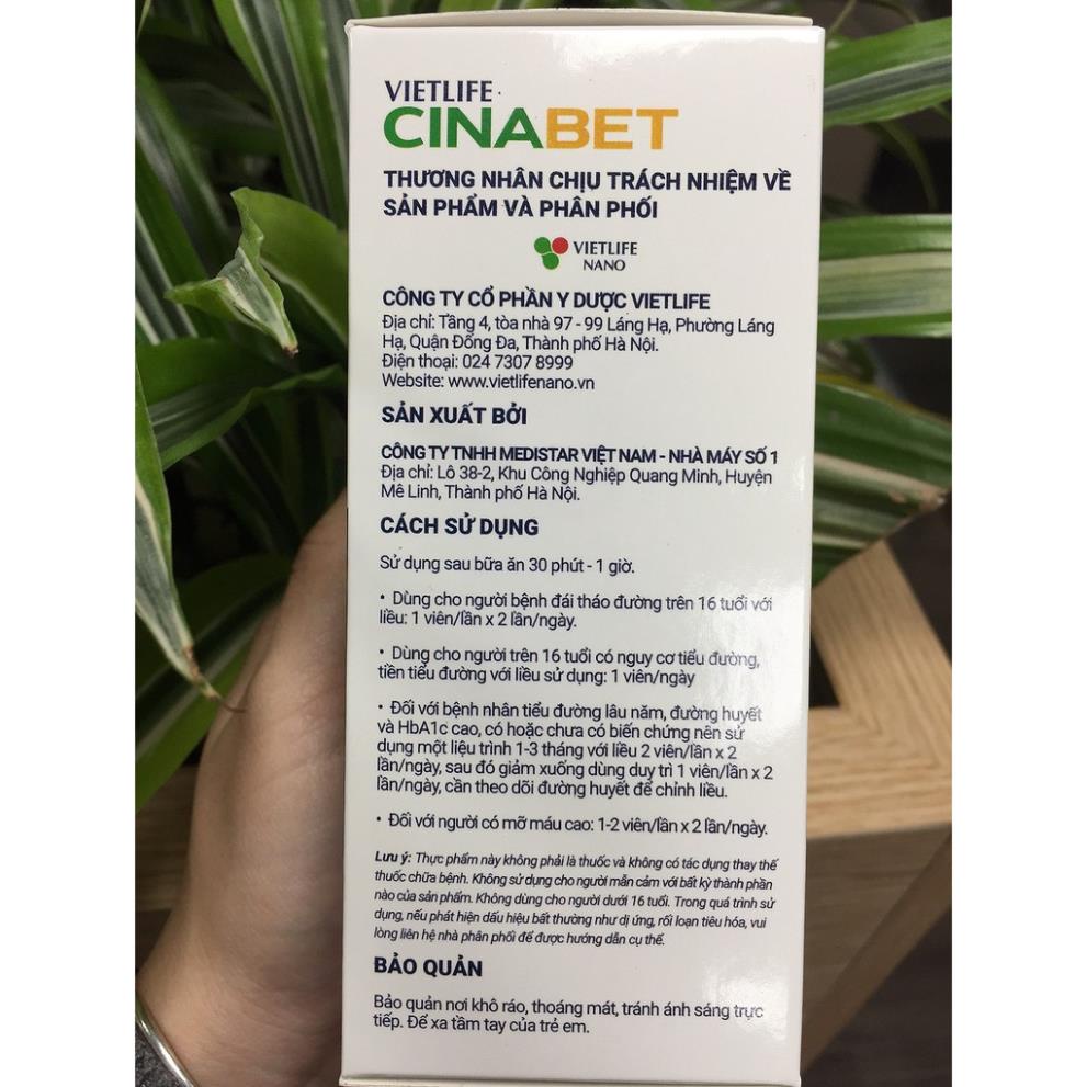 VIETLIFE CINABET – Hỗ trợ cải thiện tiểu đường, ổn định đường huyết, ngăn biến chứng tiểu đường (hộp 30 viên nang)