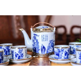 Bộ ấm tích men XANH lam cổ cảnh trúc lâm thất hiền bọc đồng 800ml BÁT TRÀNG