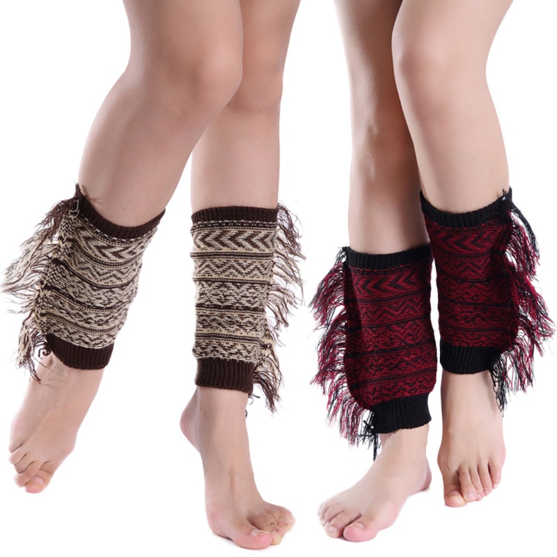 Youyo Vớ Dệt Kim Ngắn Giữ Ấm Chân Phối Tua Rua Bên Hông Họa Tiết Kẻ Sọc Phong Cách Boho Cho Nữ