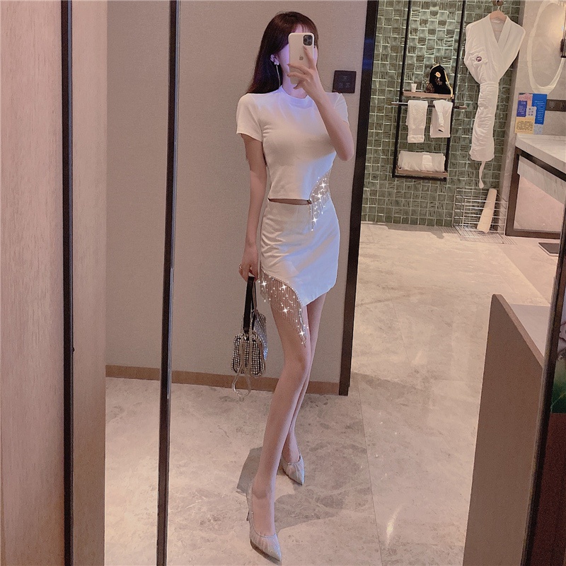 Set Áo Thun Ngắn Tay + Chân Váy Tua Rua Phong Cách Hàn Quốc Dành Cho Nữ