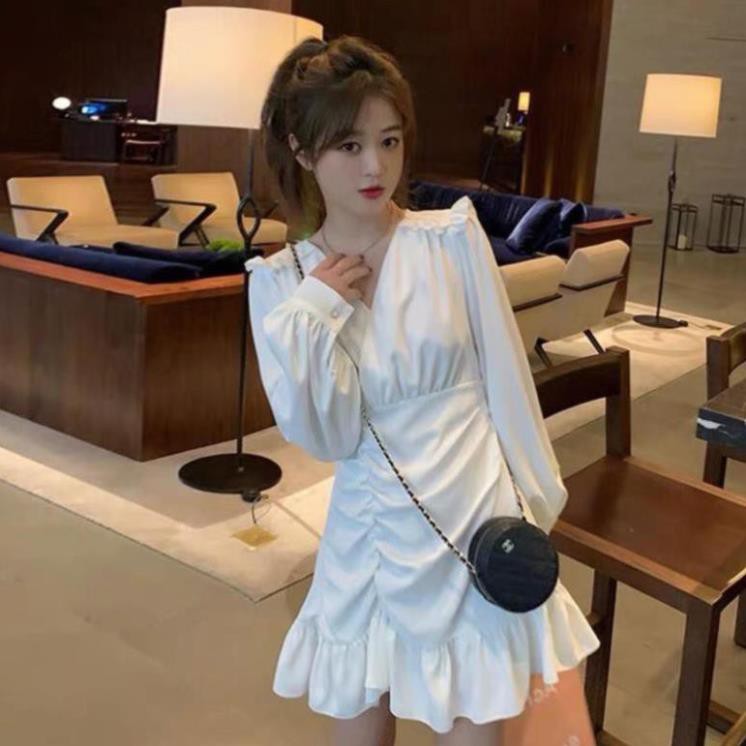 Váy đầm nữ cổ V chéo ngực tay phồng nhúm đuôi cá trẻ trung cá tính