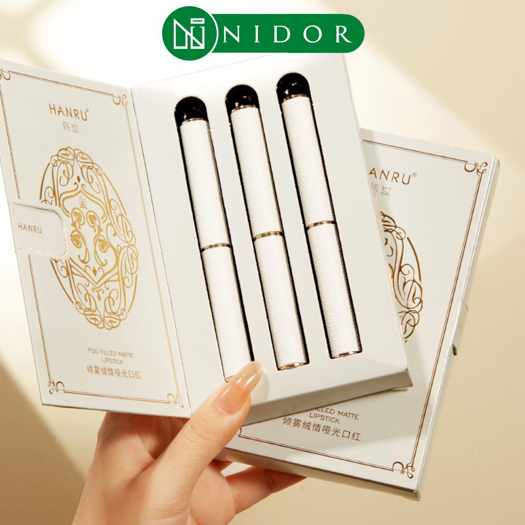 Set 3 Thỏi Son Nhung Mịn HANRU Bọc Da Sang Trọng
