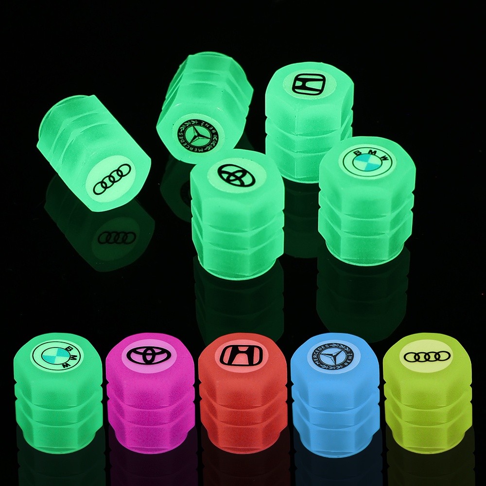 4Pcs Pack Car Brand Logo Fluorescent Color Luminous Car Tires Valve Cap / Universal Dustproof Decorative Self-luminous Bike Valve Cover / Portable Truck Motorcycle Tire Air Cap