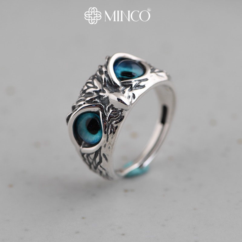 Nhẫn nam Eagle Ring Minco Accessories Thiết kế Free size Màu bạc hình mắt cú mèo màu xanh độc lạ cá tính NT88