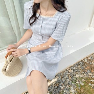 Váy thô cổ vuông viền ren kẻ caro dáng ngắn VKE 1026 Ulzzang style 🌸 Hàng Quảng Châu