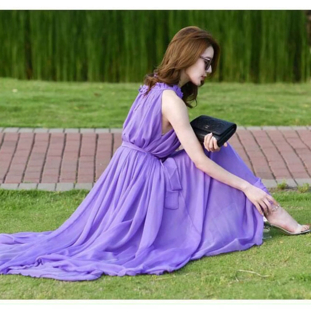 [HCM] Đầm Maxi Voan Cổ Yếm Có Lót Trong Thời Trang Nữ Sam Closet Free Size 40-55kg
