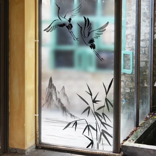 Decal trang trí kính cao cấp mẫu phong cảnh Sơn Thủy và 2 Con Cò (60cm x 116cm)