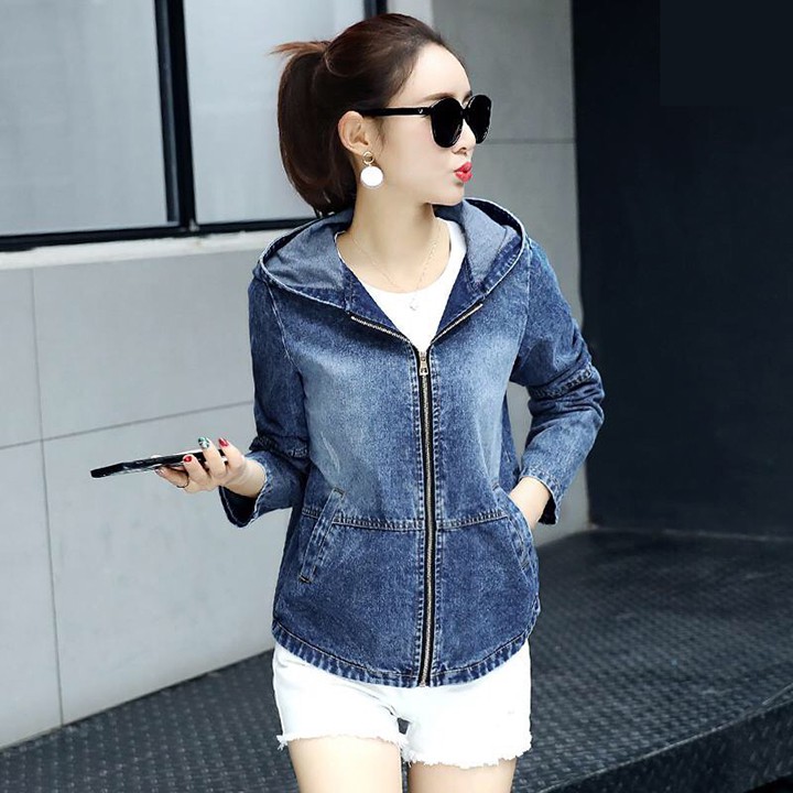 Áo Khoác Jean Nữ Dài Tay Nón Trùm Thời Trang