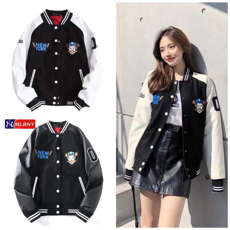 [HÀNG CHÍNH HÃNG] ÁO KHOÁC BÓNG CHÀY MLBNY MARIO TRẮNG ĐEN TAY DA -BOMBER VARSITY MLBNY JACKET - HÀNG CÓ SẴN