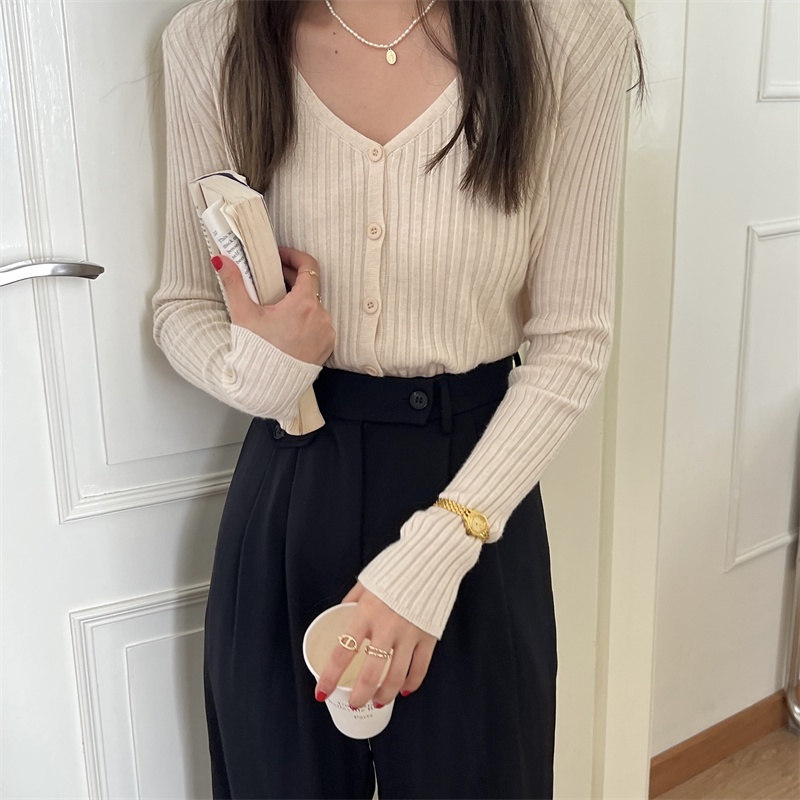 SUXI Áo Cardigan Dệt Kim Tay Dài Cổ Chữ V Màu Sắc Đơn Giản Cho Nữ