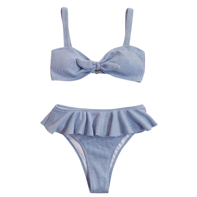 Bộ Đồ Bơi Bikini 2 Mảnh Phối Bèo Lưng Cao Có Gân Và Dây Cột Phía Trước Quyến Rũ Cho Nữ