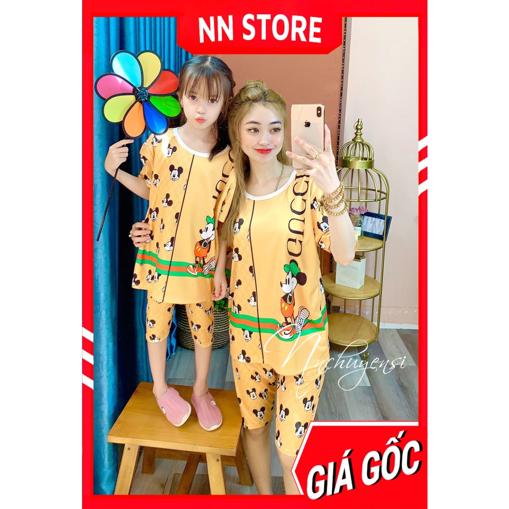 Đồ bộ thun quần LỬNG cho mẹ và bé 7kg - 70kg mặc nhà chất thun mềm mát in hình gấu hoạt hình dễ thương DBRBL FULL SIZE