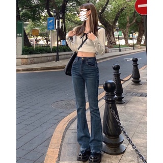 Quần jeans trơn cạp cao ống loe slim fit retro Hàn Quốc