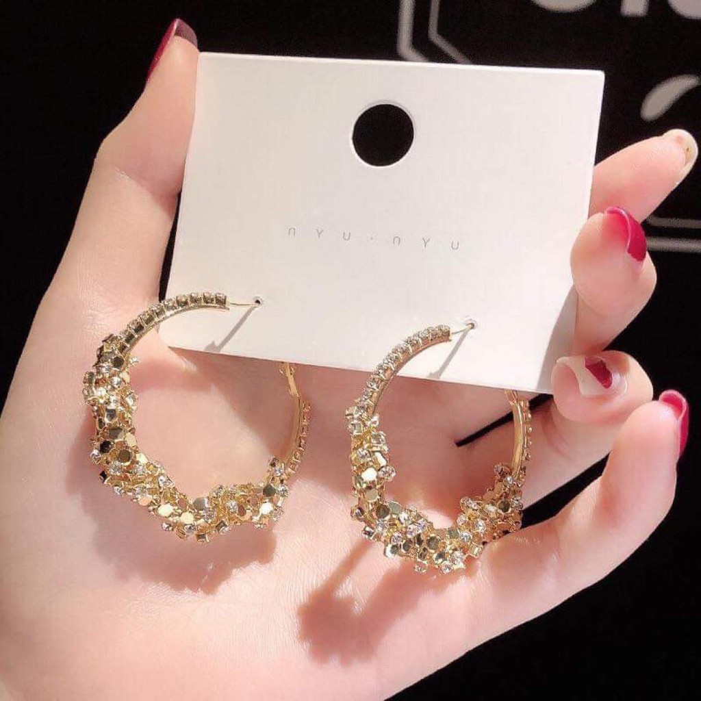 [Mã 44FASHIONSALE1 giảm 10K đơn 50K]Khuyên tai tròn tiệc hạt lấp lánh bling bắt sáng sang chảnh