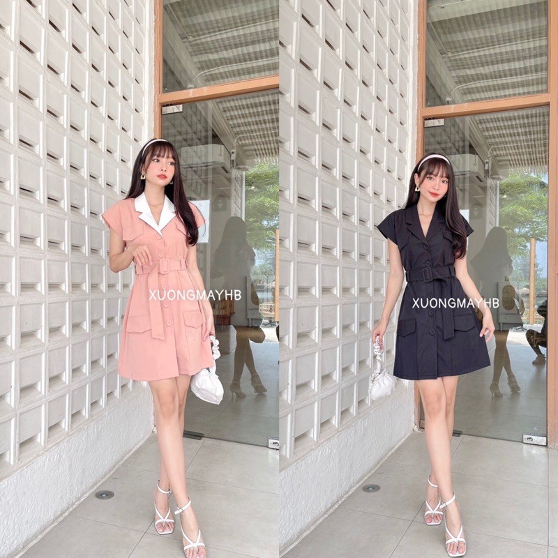 Đầm nữ HB thiết kế đính cúc bọc vải dây nịt thắt eo D036
