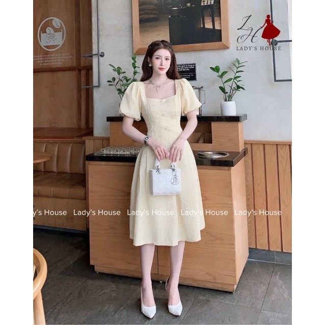 Đầm thời trang nữ mặc đi chơi chất gấm có mút tay phồng cổ vuông đi dự tiệc sang chảnh
