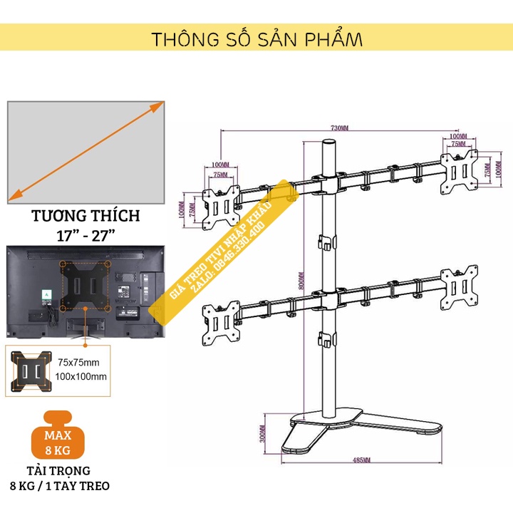 Giá Treo 4 Màn Hình Máy Tính 17 - 27 Inch Chân Đặt Bàn - Model: M044 - Tay Đỡ Bốn Màn Hình Xoay 360 Độ