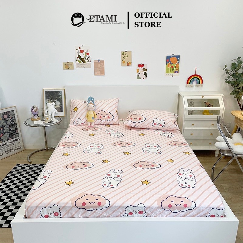 Bộ ga gối ETAMI drap giường cotton poly 5D, ga trải giường + 2 vỏ gối nằm màu mây hồng