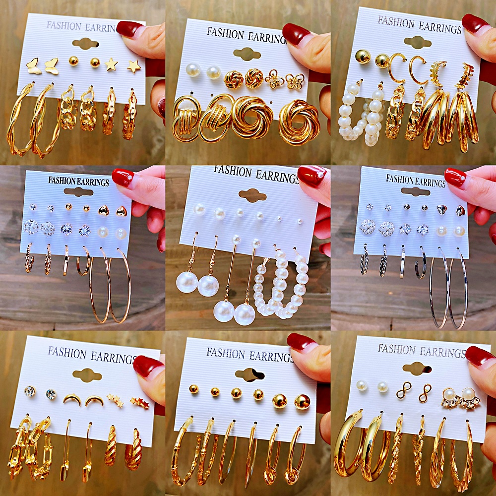9đôi / bộ bông tai vàng thời trang pha lê ngọc trai xoắn bộ Hoa tai phụ kiện trang sức cho nữ