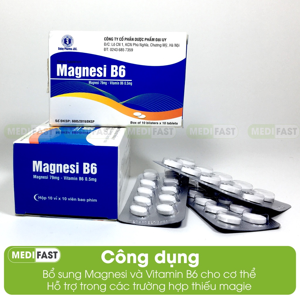 Viên uống Magie B6 Magnasi B6 của dược Đại Uy giảm tê mỏi chân tay, tim đập nhanh, lo âu hồi hộp - Hộp 100 viên