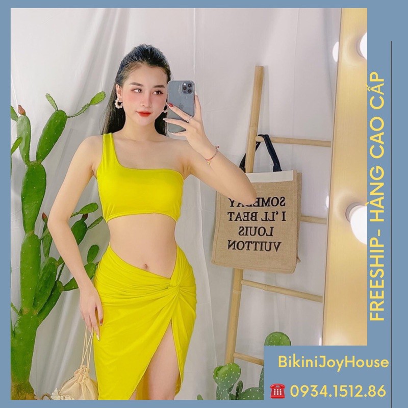 Bikini lệch vai phối váy choàng bên hông sexy cao cấp