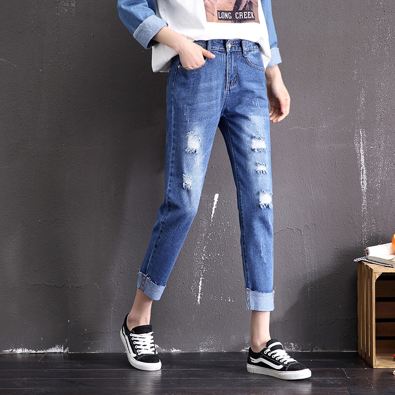 Plus Quần Jeans Lửng Phối Rách Có Size Lớn 100kg Thời Trang Dành Cho Nữ