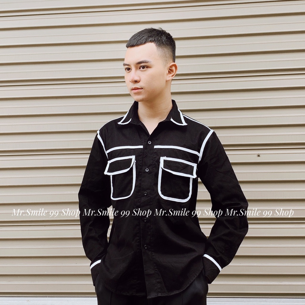 Áo Sơ Mi Nam Tay Dài Phối Viền Đen Hai Túi Unisex, Phong Cách Hàn Quốc, chất dày đẹp, hàng thiết kế Mr Smile 99 Shop