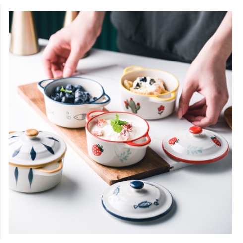 Bát chén gốm sứ họa tiết hình nồi nướng hấp bánh flan caramen cho bé ăn dặm có nắp đậy tay quai cầm đựng sốt chấm gia vị
