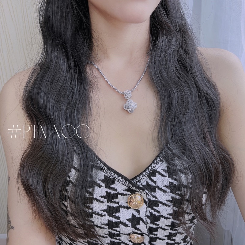 Bộ trang sức xi bạch kim cỏ 4 lá đính đá paguet, set bông tai, dây chuyền, vòng tay full đá .PTNACC.