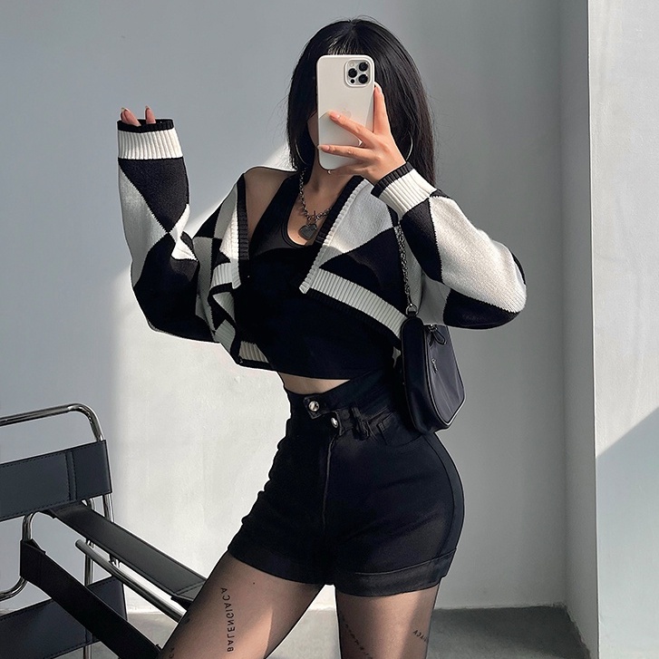 ihkke Áo khoác cardigan dệt kim tay dài dáng rộng màu sắc retro