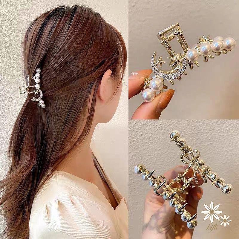 【kifli】Kẹp Tóc Móng Vuốt Hình Cây Kéo Đính Đá Ngọc Trai Dễ Thương Thời Trang Hàn Quốc Cho Nữ Hai