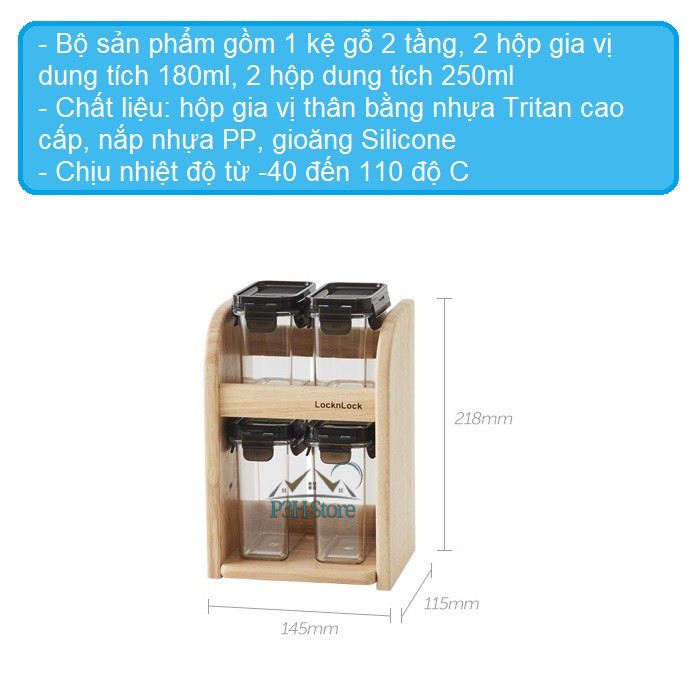 Bộ gia vị Lock&amp;Lock kèm kệ gỗ 4 hũ HTE571S4 , 3 hũ HTE570S3 có thể xếp chồng nhau