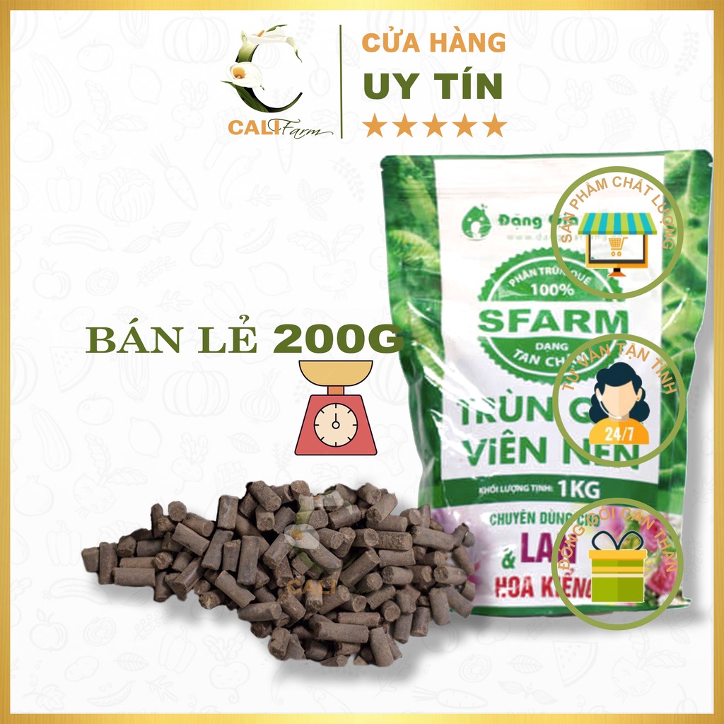 Phân Trùn Quế SFARM 200g - dạng viên tan chậm bón lan và hoa kiểng