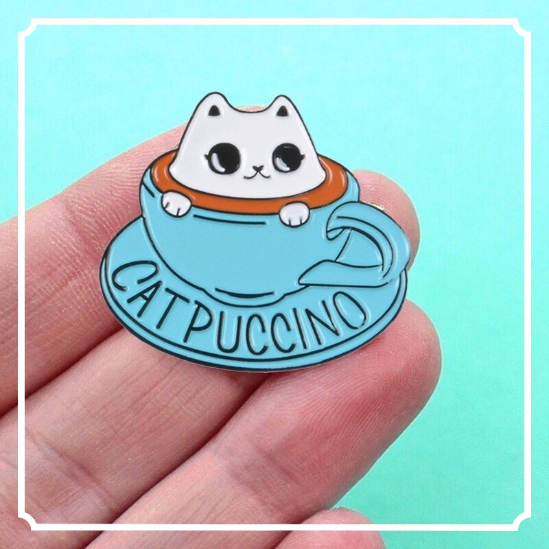 Huy hiệu cài áo QIHE JEWELRY thiết kế hình tách cà phê và chú mèo đáng yêu