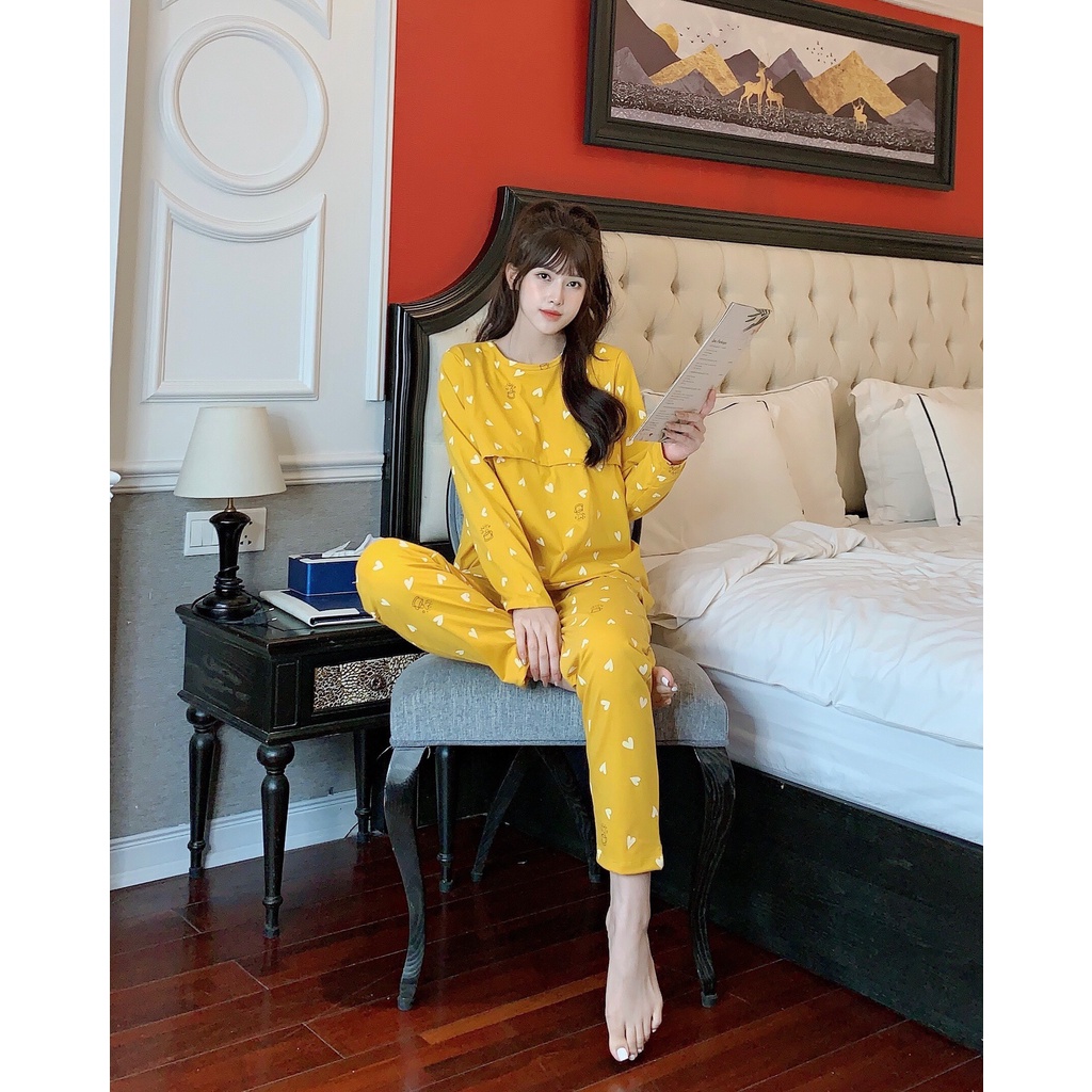 Bộ đồ bầu dài tay và cho con bú M437 chất cotton cao cấp freesize từ 45 đến 70kg