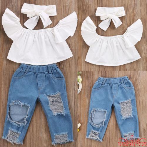 Set Áo Trễ Vai + Quần Jeans Rách Cho Bé Gái