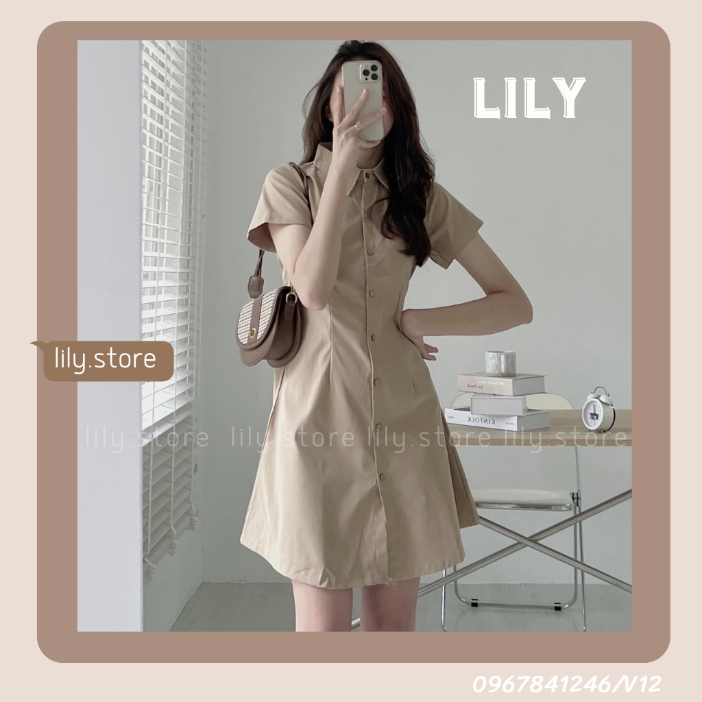 Váy sơ mi dáng suông có chiết eo, Đầm sơ mi chiết eo tiểu thư chất liệu kaki tôn dáng trắng be đen V12 LILY