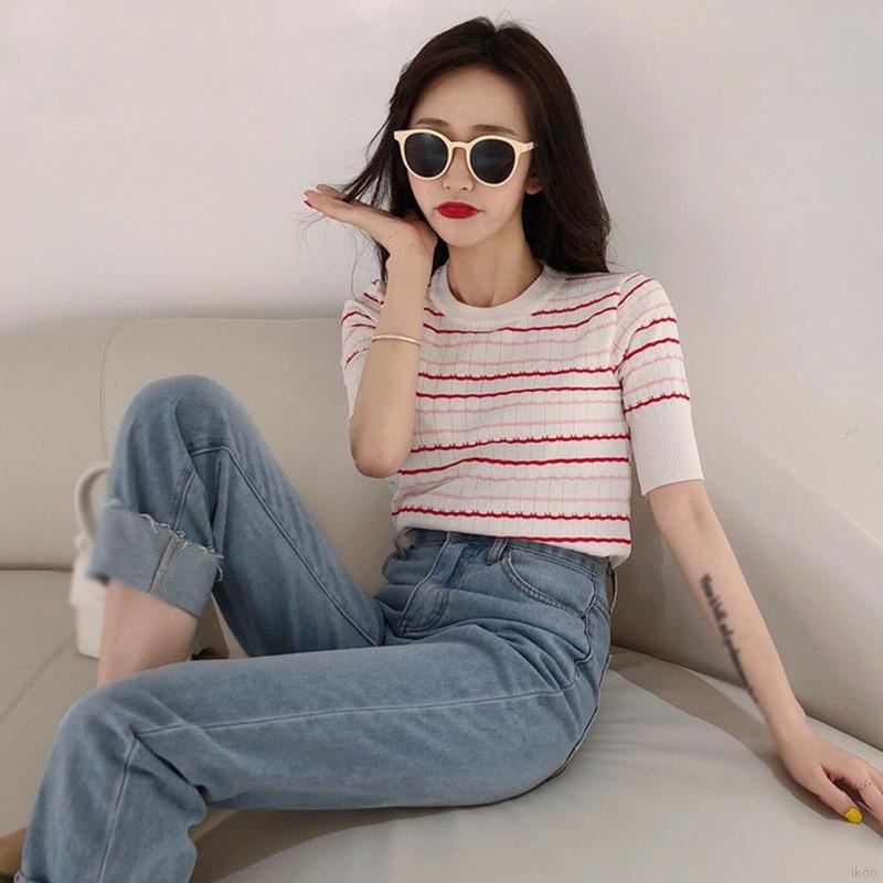 Áo Dệt Kim Ngắn Tay Họa Tiết Kẻ Sọc Thời Trang Cho Nữ