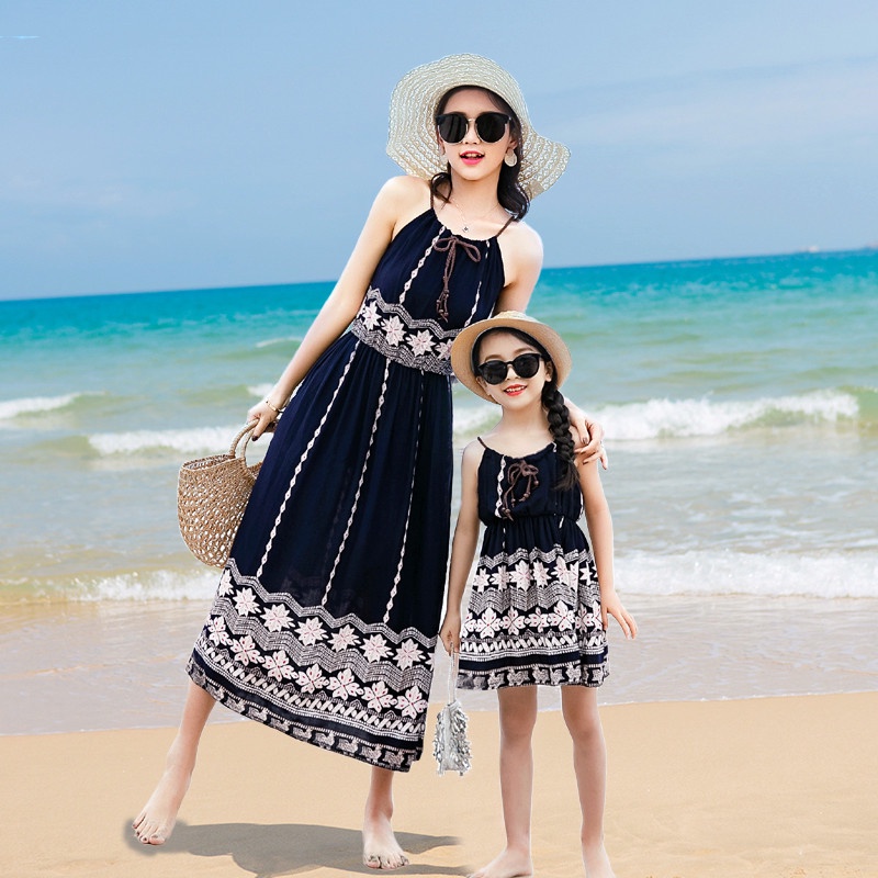 Đầm Cotton Không Tay Phong Cách Boho Thời Trang Xuân Hè Cho Mẹ Và Bé Size S-XL&amp;110-160cm