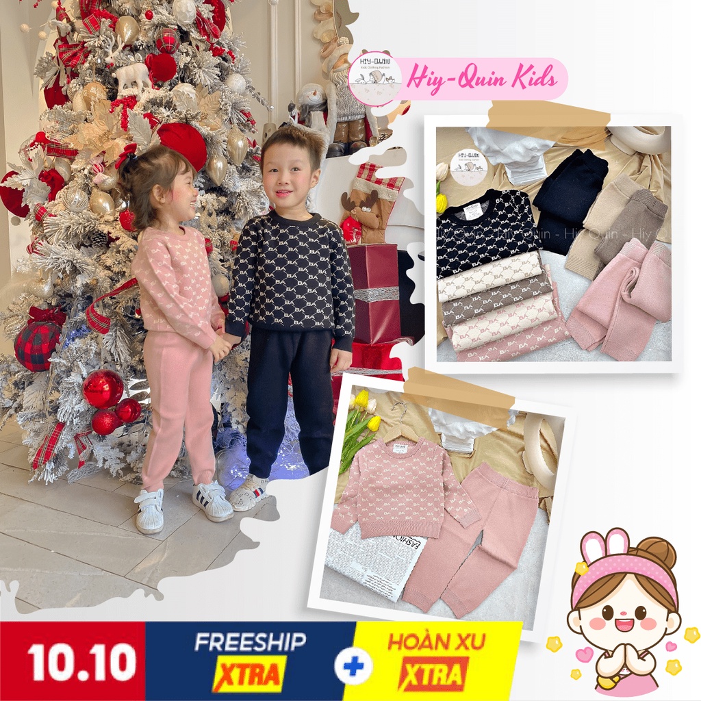 Bộ len Hiy Quin kẻ BA chất cotton thoải mái, an toàn cho da bé