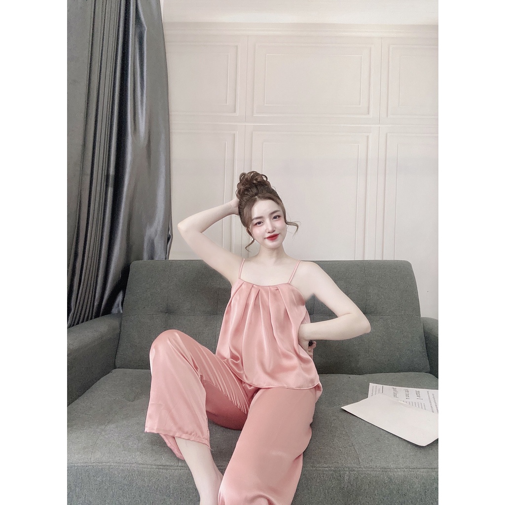 ✅ Sét lụa hai dây mẫu mới gấp ly quần dài trẻ trung xinh xắn , Sexy, quyến rũ đồ bộ lụa sarin cao cấp