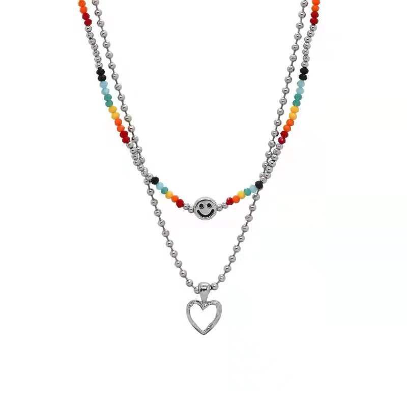 Set 2 dây chuyền AY mặt hình trái tim/ mặt cười chuỗi hạt nhiều màu sắc xếp lớp thời trang dành cho nữ
