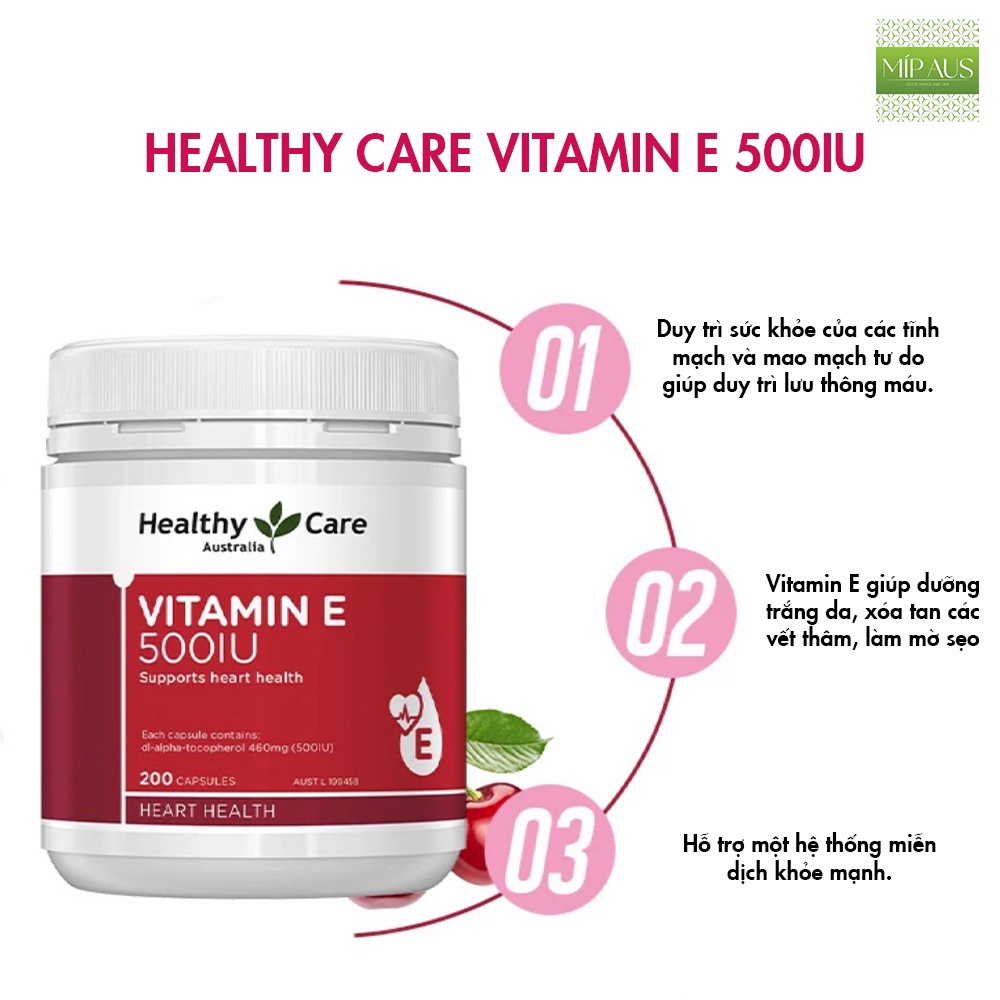 Viên Uống Bổ Sung Vitamin E, Làm Đẹp Da, Giúp Tóc Chắc Khỏe Và Suôn Mượt - Healthy Care Vitamin E 500IU Úc - 200 viên