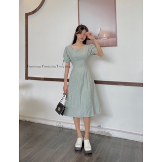 ĐẦM MIDI CỔ U XẾP LY EO TAY BỒNG